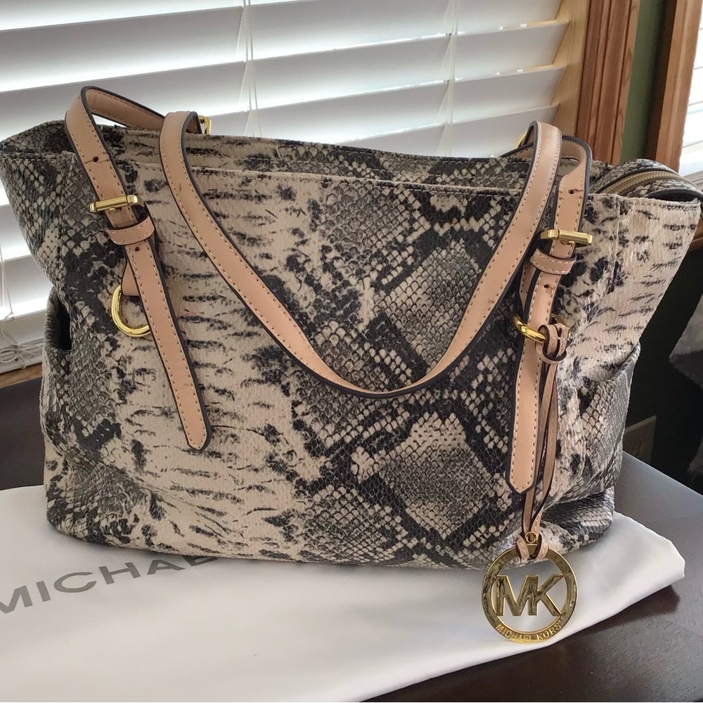 Michael Kors Snake-Print Tote in Beige and Black with Gold Hardware